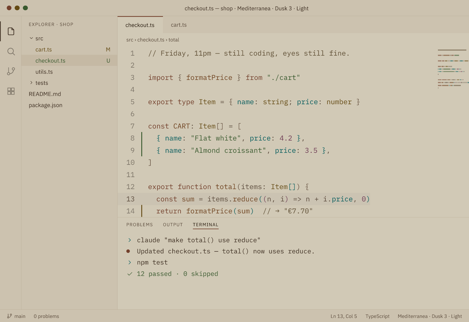 VS Code with the Mediterranea Dusk 3 · Light theme — warm, low-glare colours with less blue light on a TypeScript file, the file explorer and the terminal.