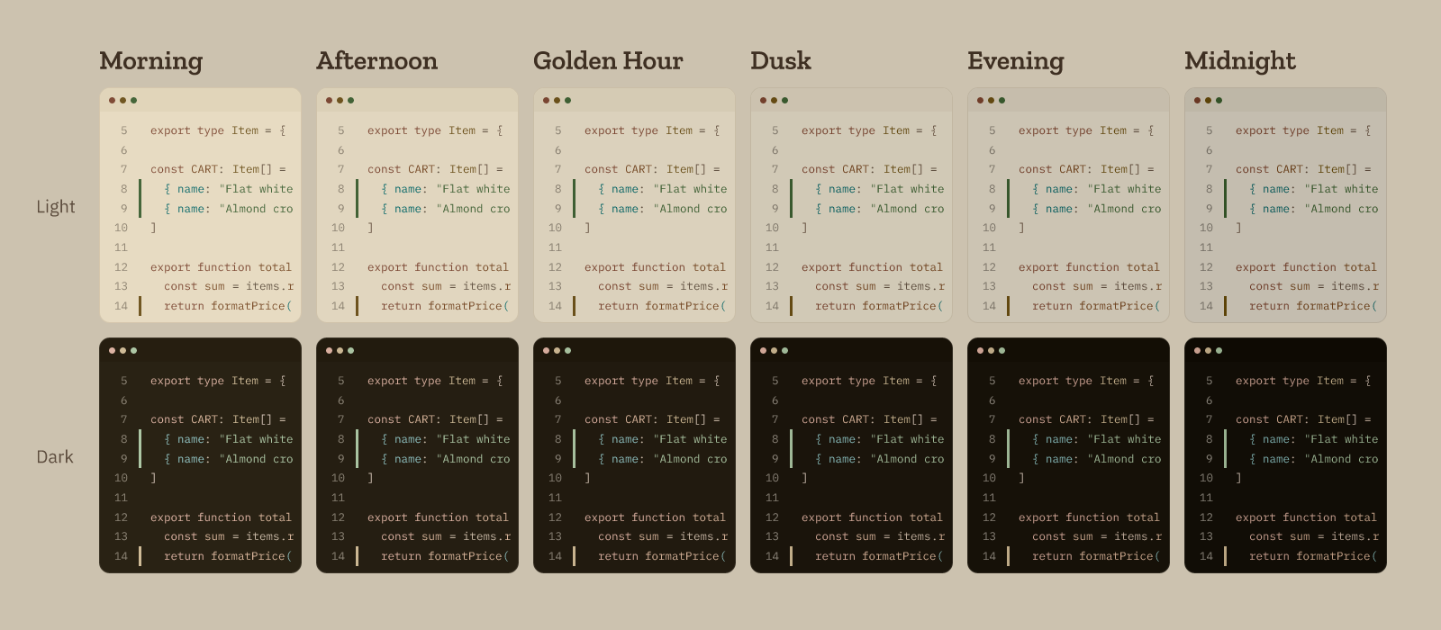 The same VS Code file in 12 Mediterranea settings, Morning to Midnight, Light and Dark — warm, low-glare colours for every hour of the day.